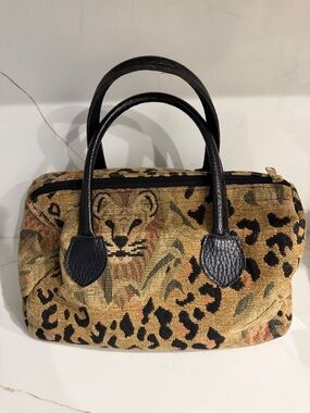 Vintage Leopard Tapestry Tote Bag with Leather Handles
